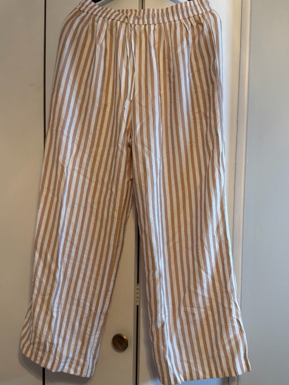 Beige and White Vertical Stripe Wide-Leg Pants